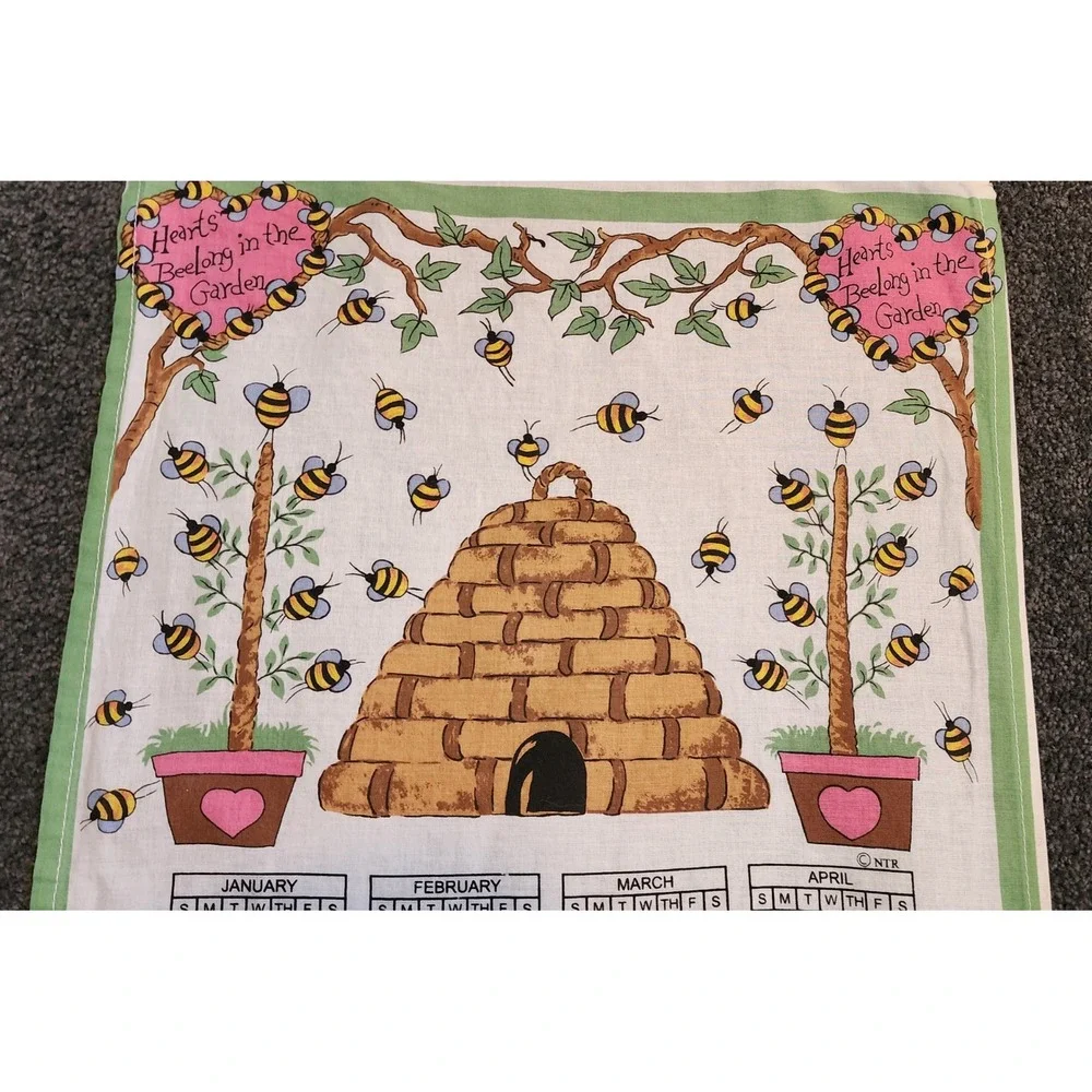 2002 Calendar Kitchen Towel Hearts Beelong in the Garden Spring Decor‎ Cotton